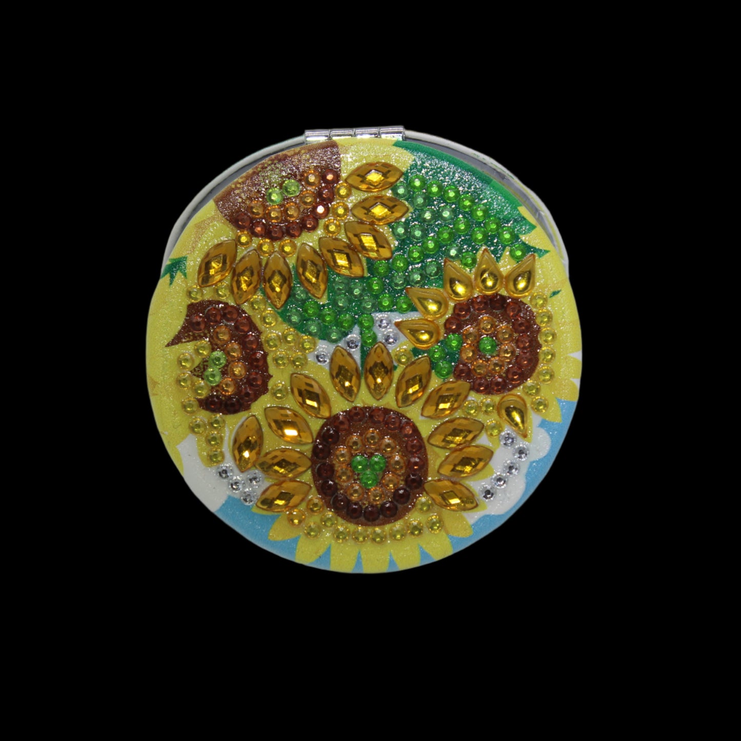 Stunning Round Shaped Compact with Sunflowers Yellow, Brown and Blue