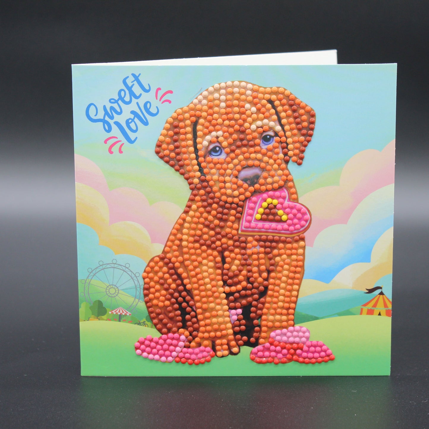 Sweet Baby Brown Dog Holding a Heart Adorned in Crystal Rhinestones. Such a Sweetie pie. On the Back is a note; I Love You.