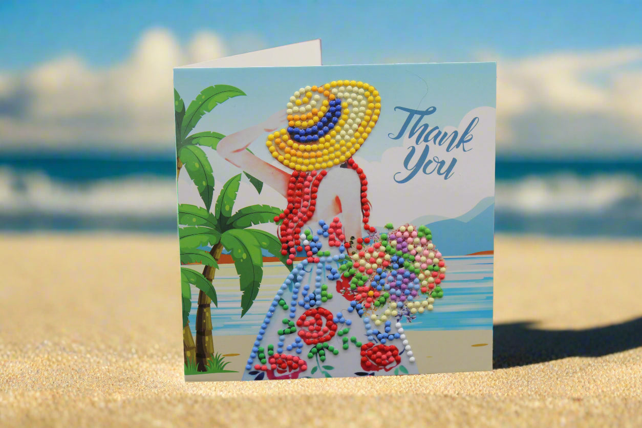 Diamond Art Card with a Lovely Lady with Cute Yellow Sun Hat and Read Hair with Colorful Flowers