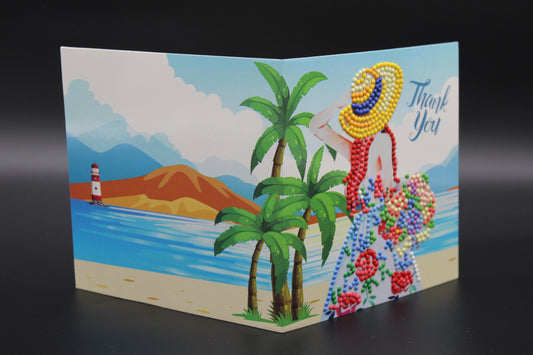 Diamond Art Card with a Lovely Lady with Cute Yellow Sun Hat and Read Hair with Colorful Flowers