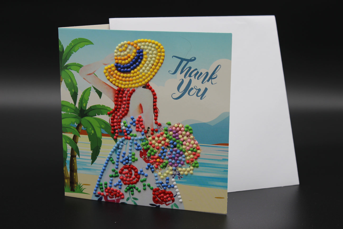 Diamond Art Card with a Lovely Lady with Cute Yellow Sun Hat and Read Hair with Colorful Flowers