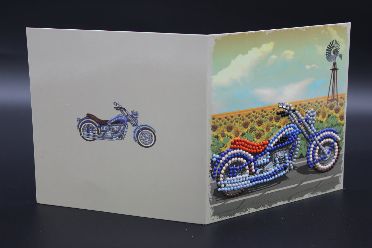 Motorcycle with Blue and White Rhinestones. Perfect for Motorcycle Enthusiasts or Birthday.