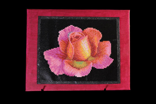 Hand Painted Background. Diamond Art is a Rock Star Worthy Rose with Rink and Light Orange Hues; Canvas is Painted a Crimson Magenta.