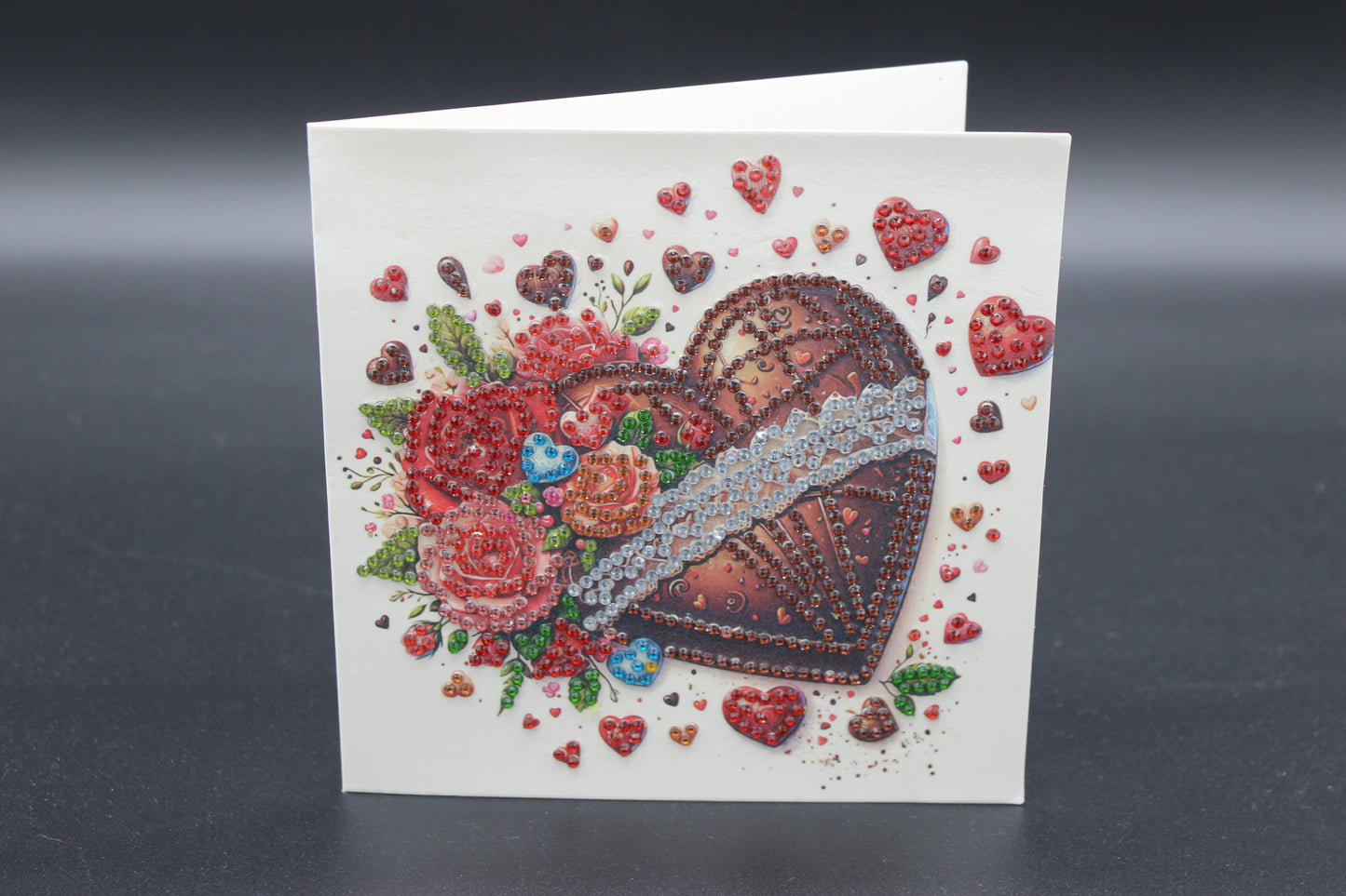 Valentines Chocolate Heart and Flowers Candy Diamond Art Card
