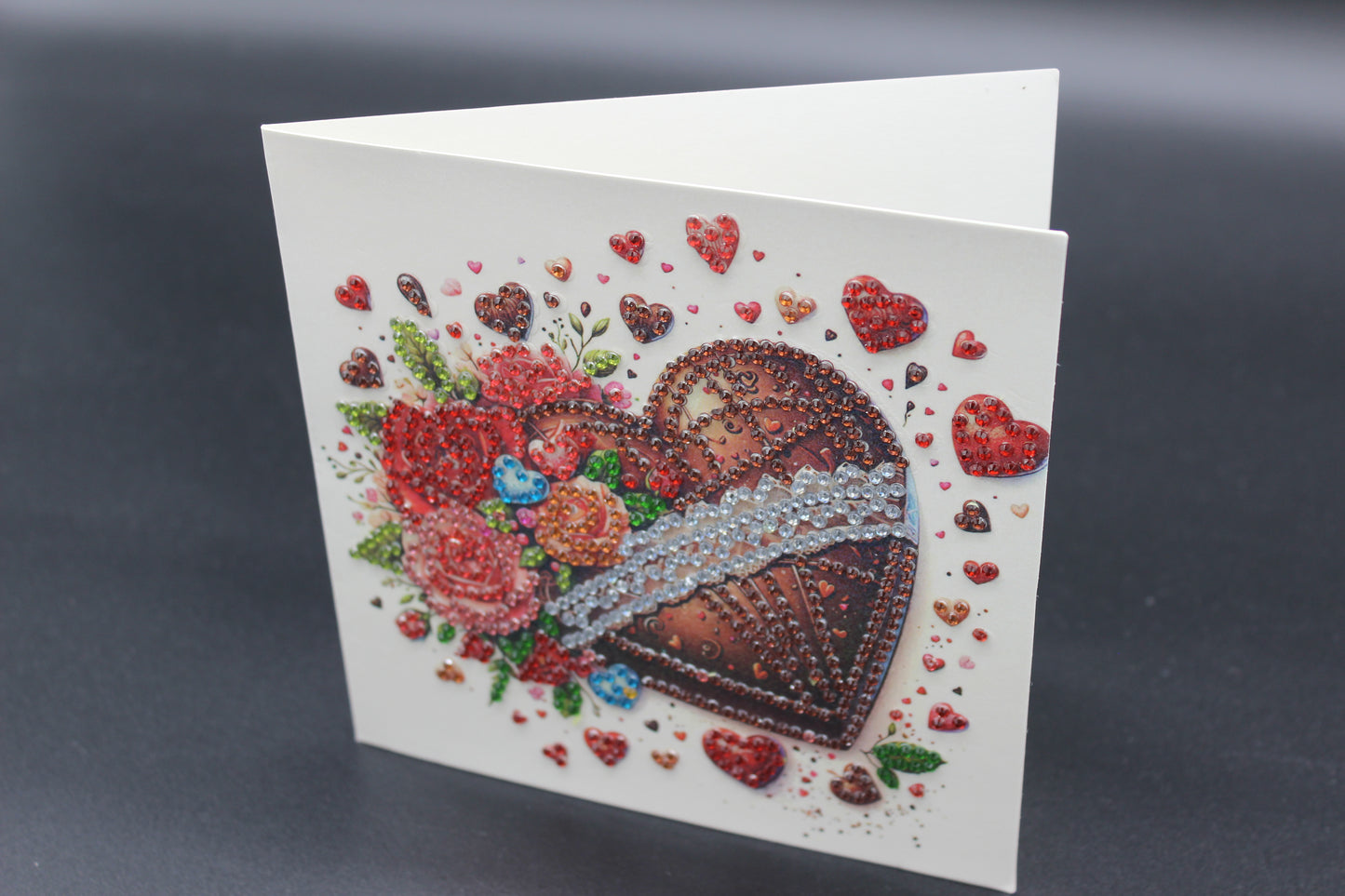 Valentines Chocolate Heart and Flowers Candy Diamond Art Card