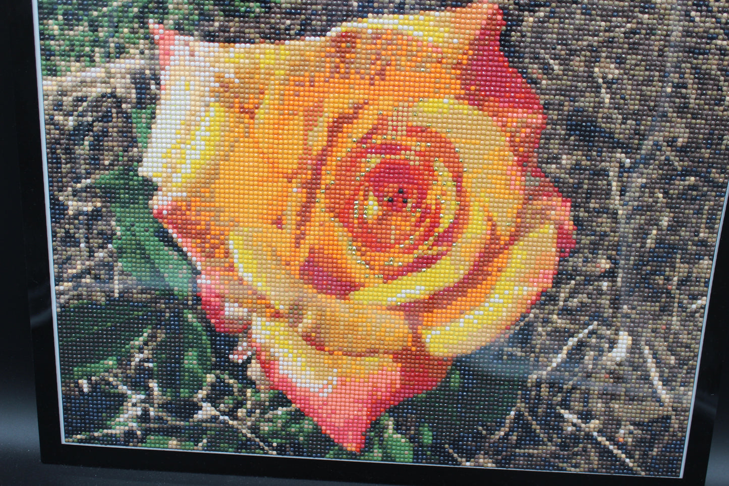 Kellie Custom Photo Diamond Art Yellow Reddish Rose Adorned in Rhinestone Crystals. Perfect for a Country Home