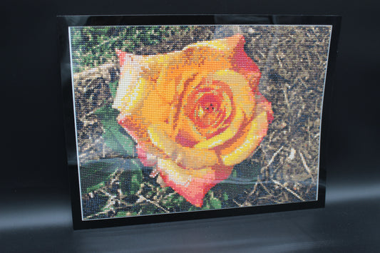 Kellie Custom Photo Diamond Art Yellow Reddish Rose Adorned in Rhinestone Crystals. Perfect for a Country Home