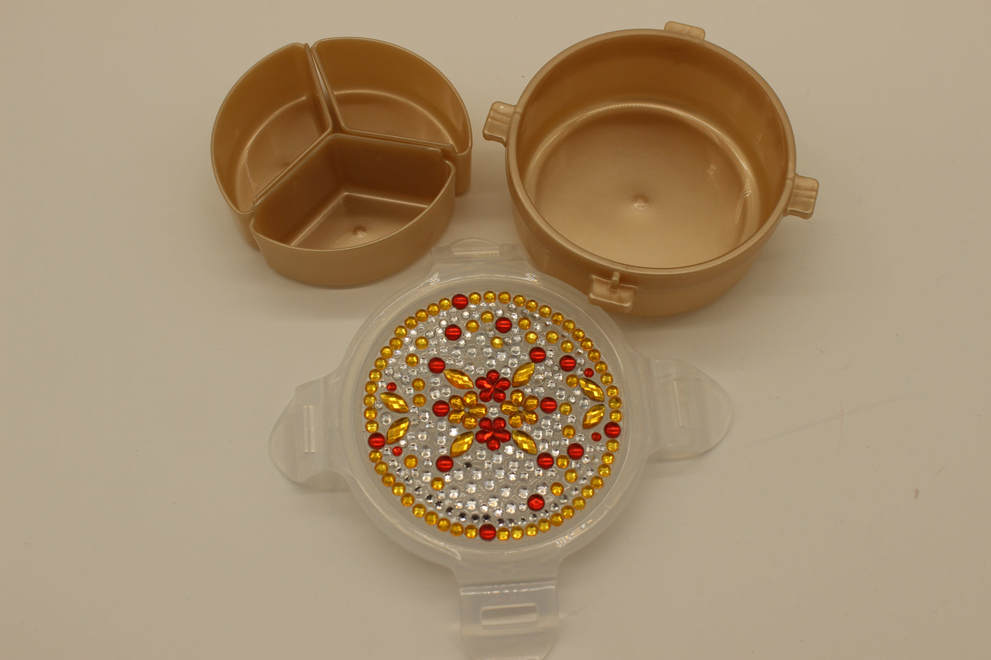 Diamond Art Custom Design Multi Purpose Divided Container Red Yellow Silver Clear Rhinestones