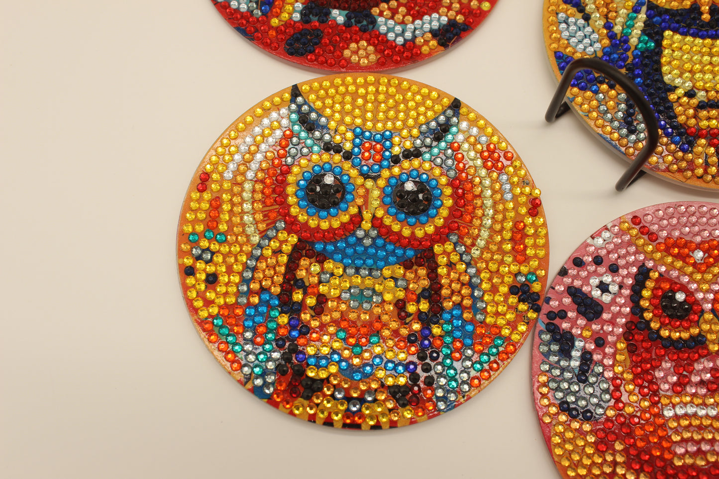 Diamond Art Coaster Set of Halloween Owls Multicolored (8pcs) with Metal Stand