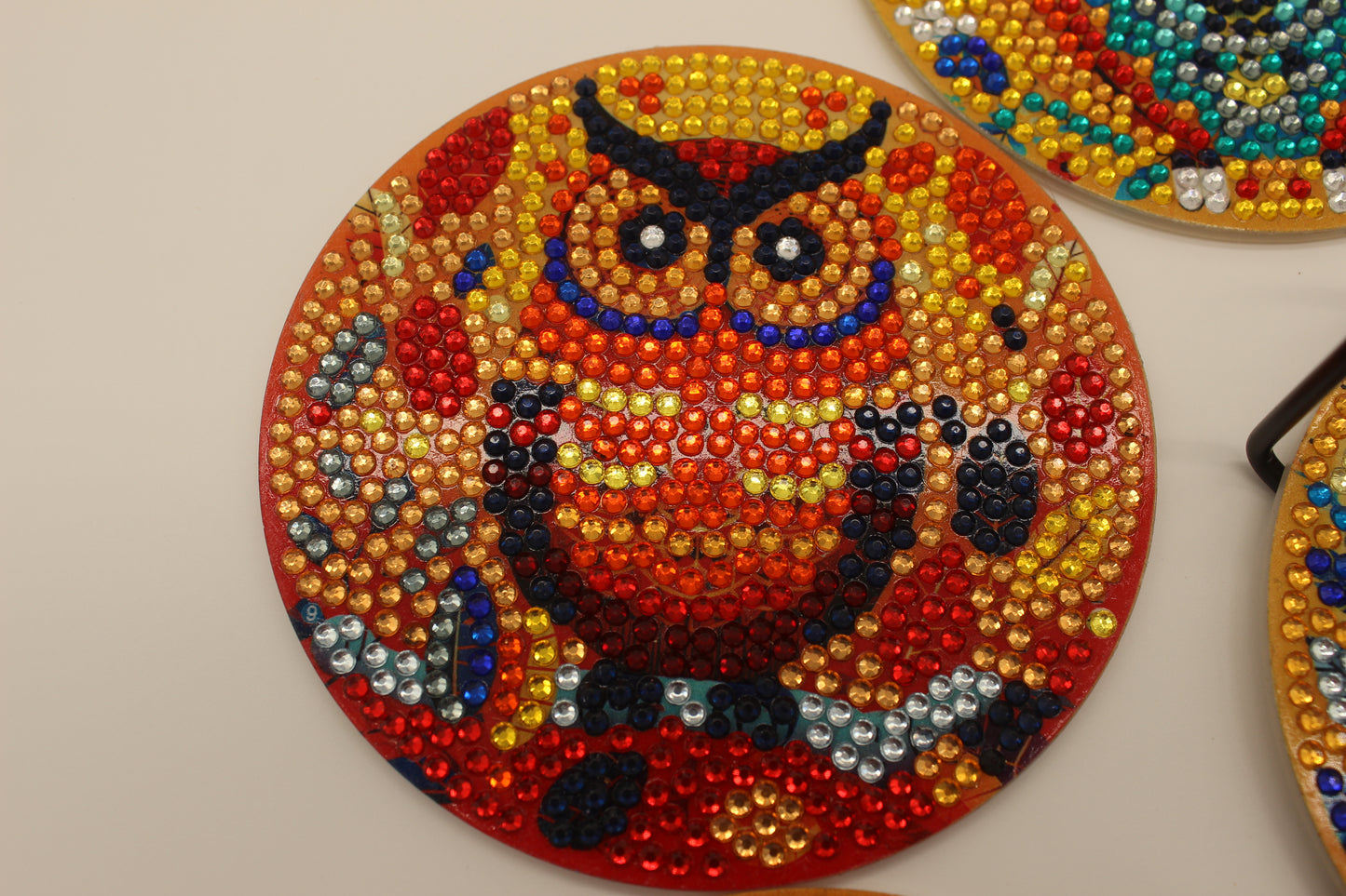 Diamond Art Coaster Set of Halloween Owls Multicolored (8pcs) with Metal Stand