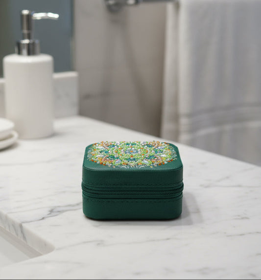 Portable Diamond Art Flowery Painting Jewelry Storage Box with Green, Orange, and Clear Gems
