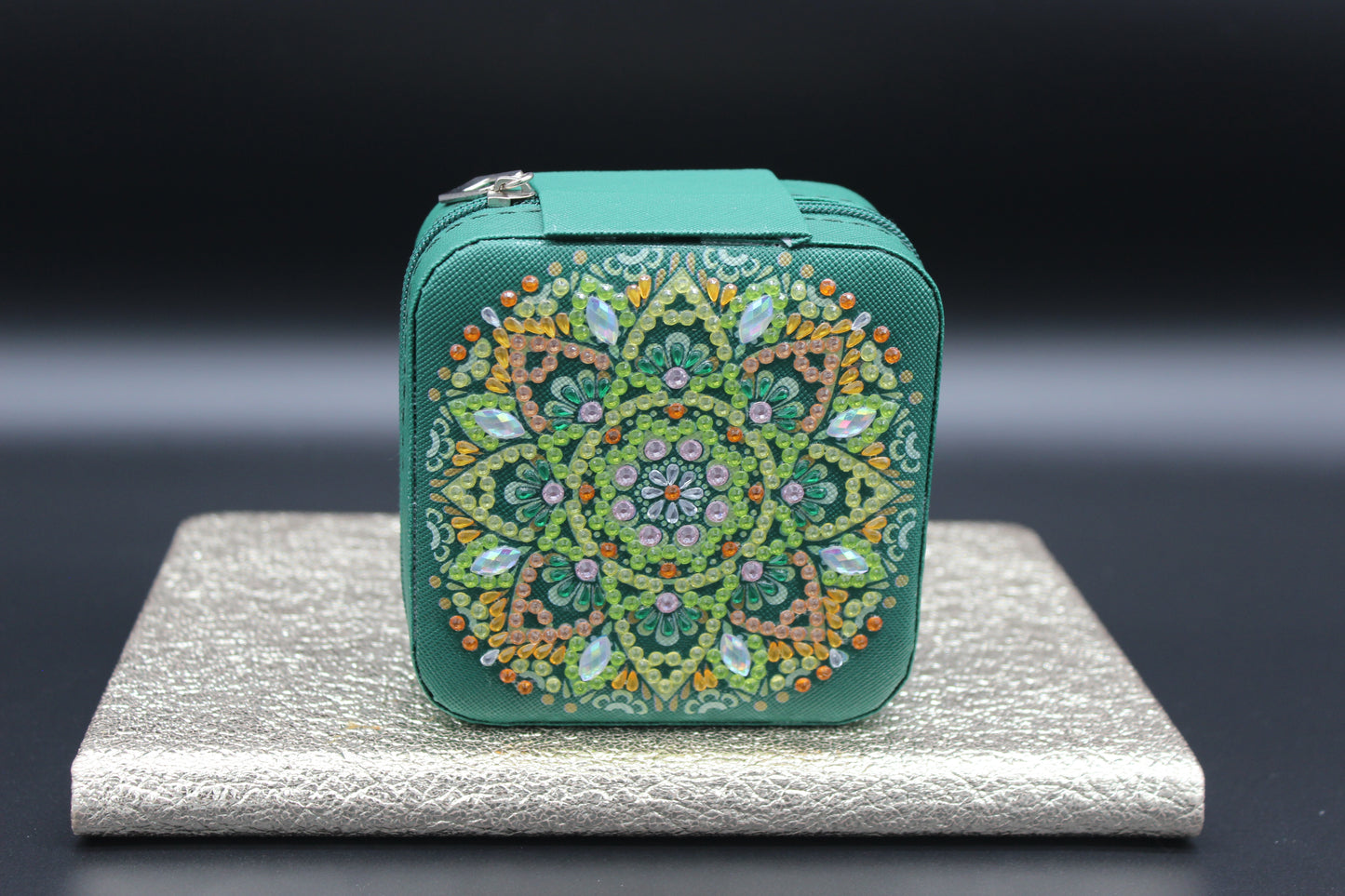 Portable Diamond Art Flowery Painting Jewelry Storage Box with Green, Orange, and Clear Gems