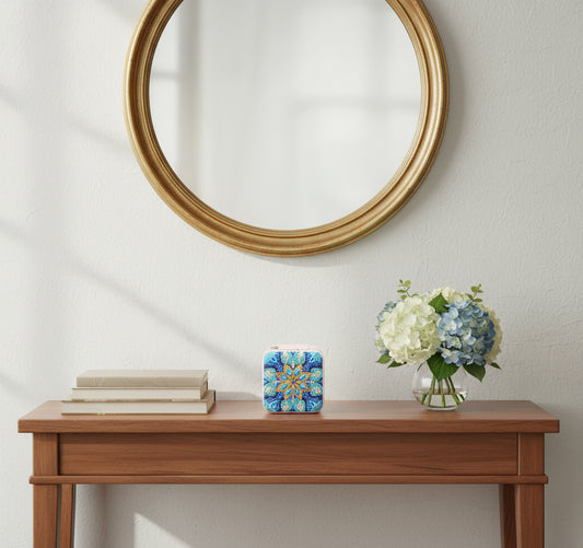 Portable Square Diamond Art Flowerly Jewelry Storage Box with Blue, Clear, and Yellow Gems