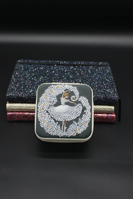 Portable Square Diamond Art Jewelry Storage Box with a Ballerina Surrounded by Silver and Clear Crystals