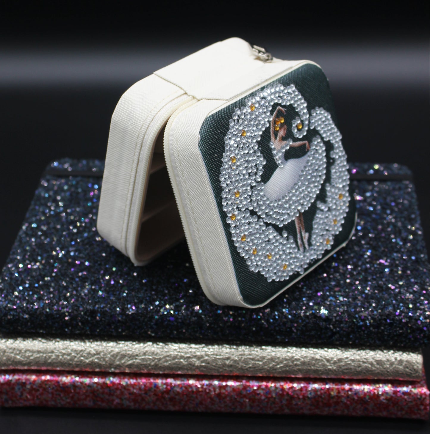 Portable Square Diamond Art Jewelry Storage Box with a Ballerina Surrounded by Silver and Clear Crystals