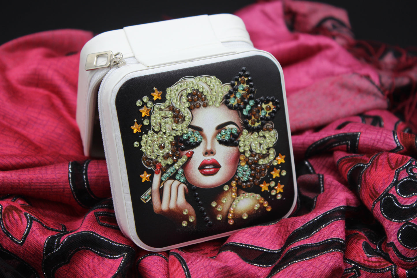 Portable Square Diamond Art Jewelry Storage Box with Marilyn Monroe Surrounded by Silver Green and Clear Crystals
