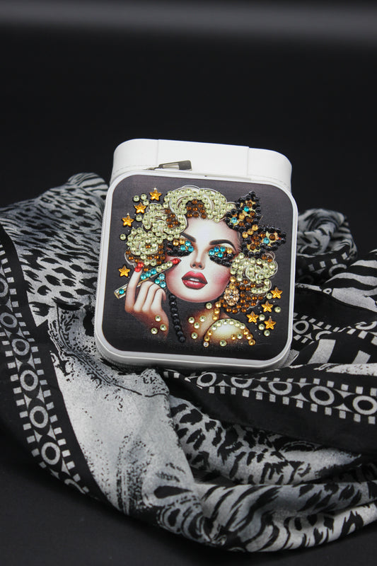 Portable Square Diamond Art Jewelry Storage Box with Marilyn Monroe Surrounded by Silver Blue and Clear Crystals