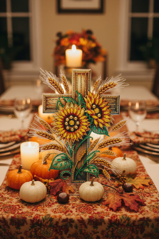 Fall Cross TableTop Diamond Art with Wheat and Sunflowers