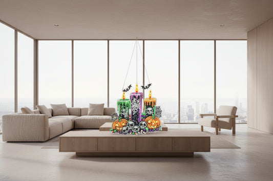 Decorative Halloween ornament with candles, pumpkins, and skulls on a dark background