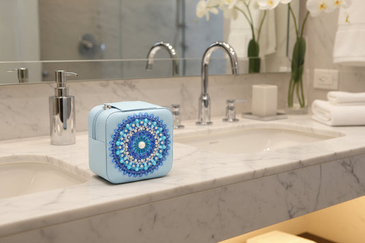 Portable Square Diamond Art Jewelry Storage Box with White, Silver, and Blue Gems