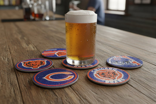 Collection of Chicago Bears-themed coasters on a reflective surface with a black background