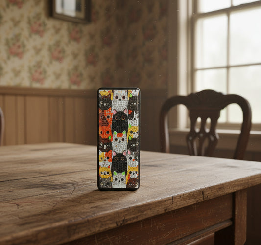 Decorative handle with colorful pattern on a metallic surface