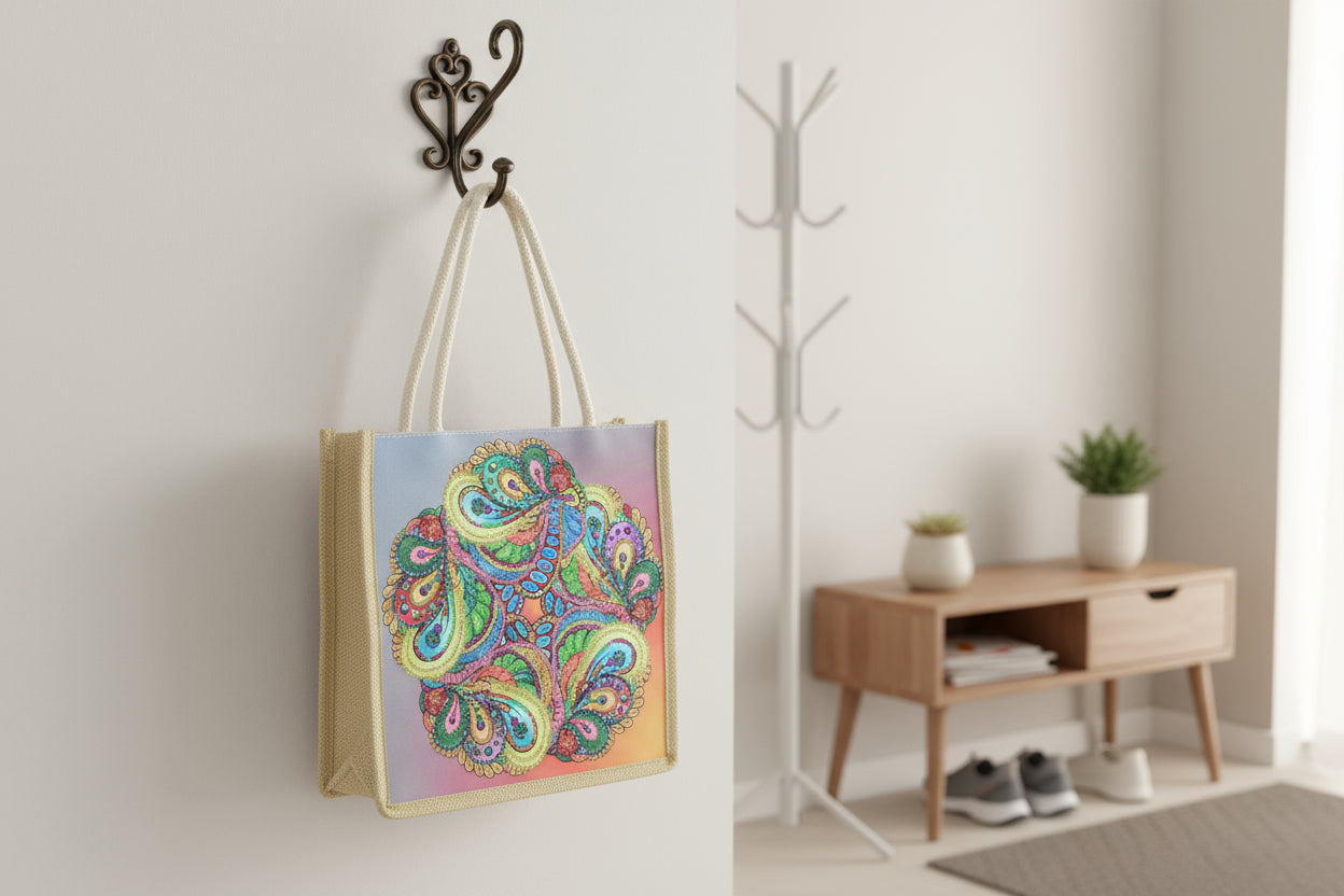 Canvas Bag with Colorful Swirling Flowers with Multiple Gems