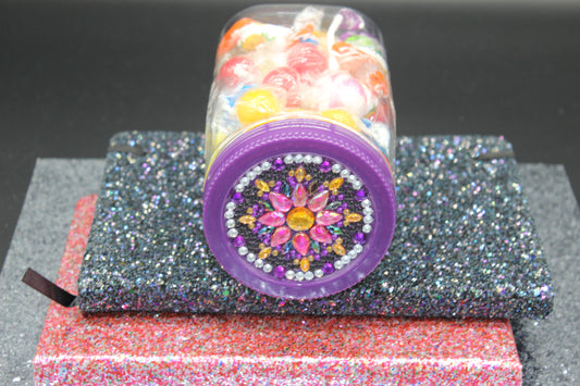 Diamond Art Custom Design Plastic Mason Jar with Custom Design Purple Lid with Pink, Clear and Yellow Gems