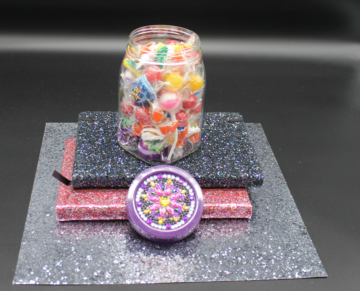 Diamond Art Custom Design Plastic Mason Jar with Custom Design Purple Lid with Pink, Clear and Yellow Gems