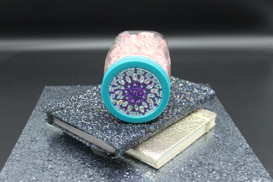 Diamond Art Custom Design Plastic Mason Jar with Custom Design Teal Lid with Purple and Clear Gems
