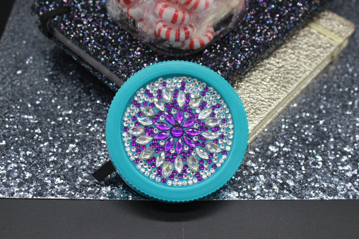 Diamond Art Custom Design Plastic Mason Jar with Custom Design Teal Lid with Purple and Clear Gems
