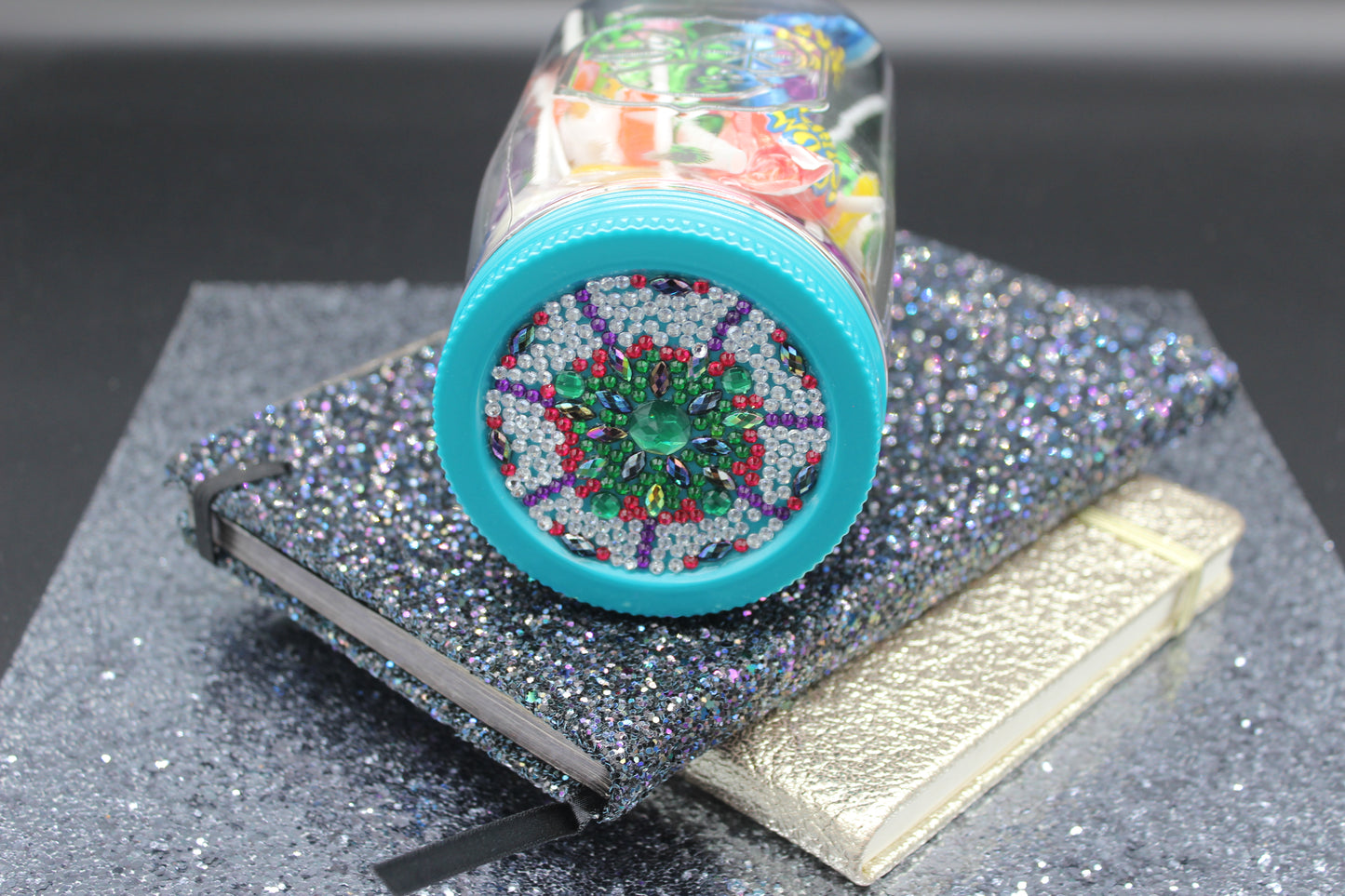 Diamond Art Custom Design Plastic Mason Jar with Custom Design Teal Lid with Green, Purple and Clear Gems