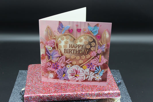 Diamond Art Card with Happy Birthday Heart and Flowers