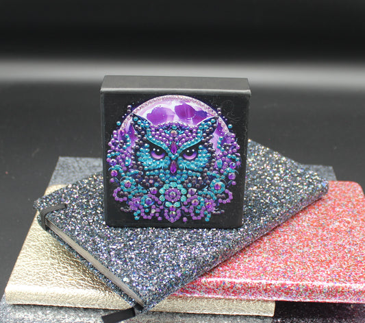 Diamond Art Paper Notepad Holder with Scowling Owl with Deep Piercing Eyes