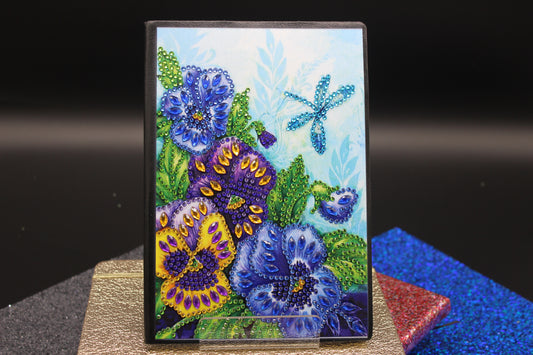 Diamond Art Journal with Beautiful Yellow and Purple Flowers and a Small Dragonfly
