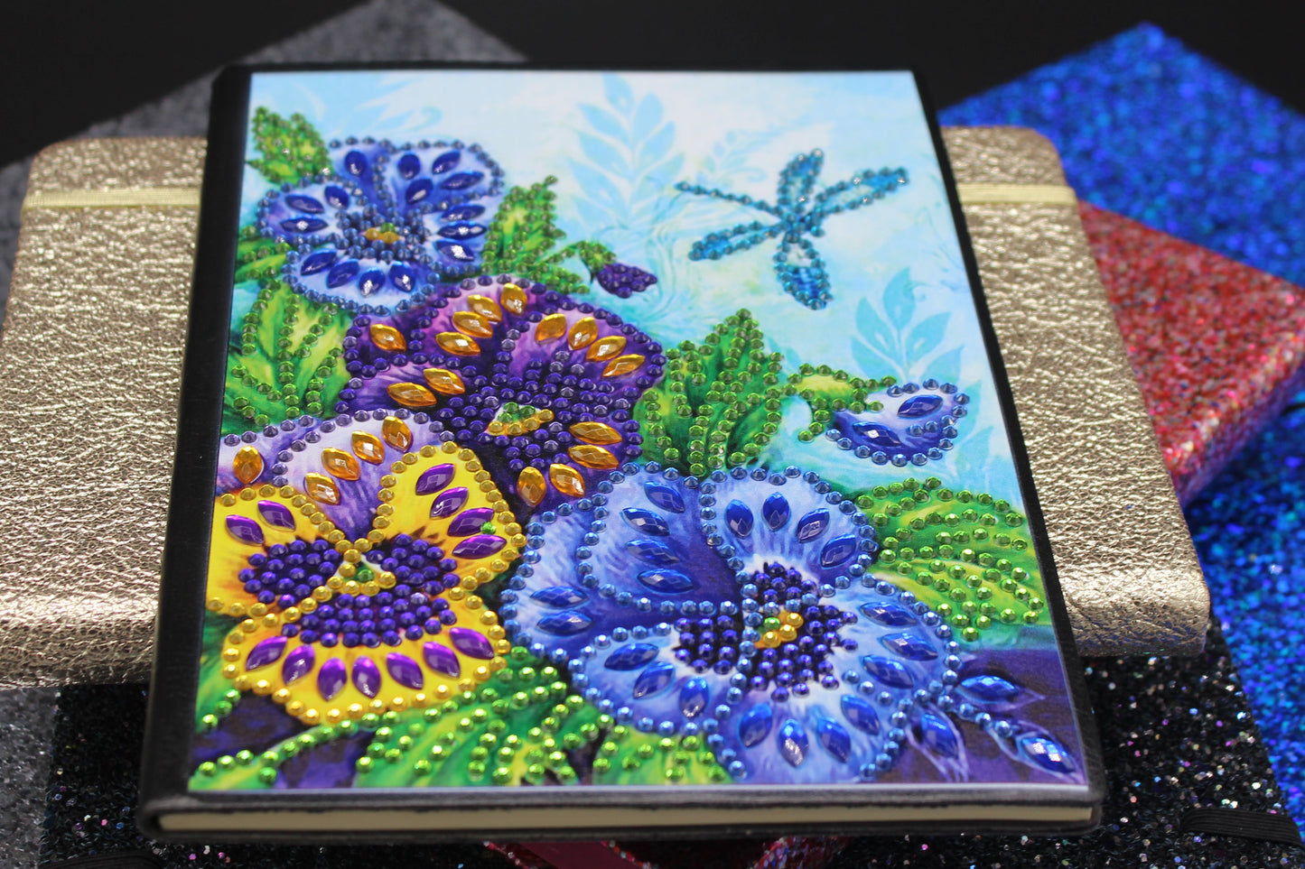 Diamond Art Journal with Beautiful Yellow and Purple Flowers and a Small Dragonfly