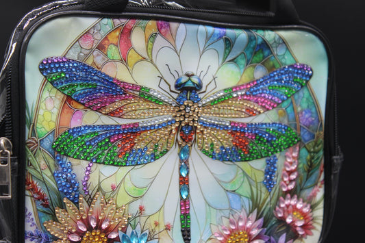 Clear Diamond Art Handbag with a Captivating Oversized Multicolor Dragonfly Design