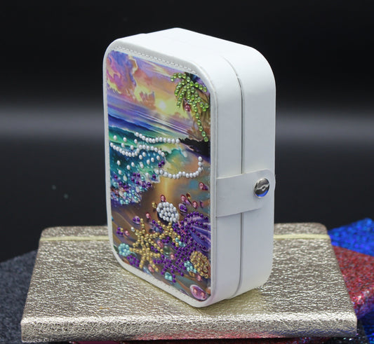 Portable Diamond Art Jewelry Storage Box with a serene coastal scene with vibrant sunset hues