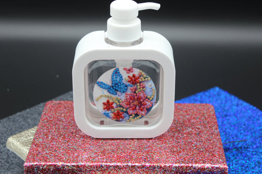 Diamond Art White Soap or Lotion Dispenser with a Red Flower and Butterfly