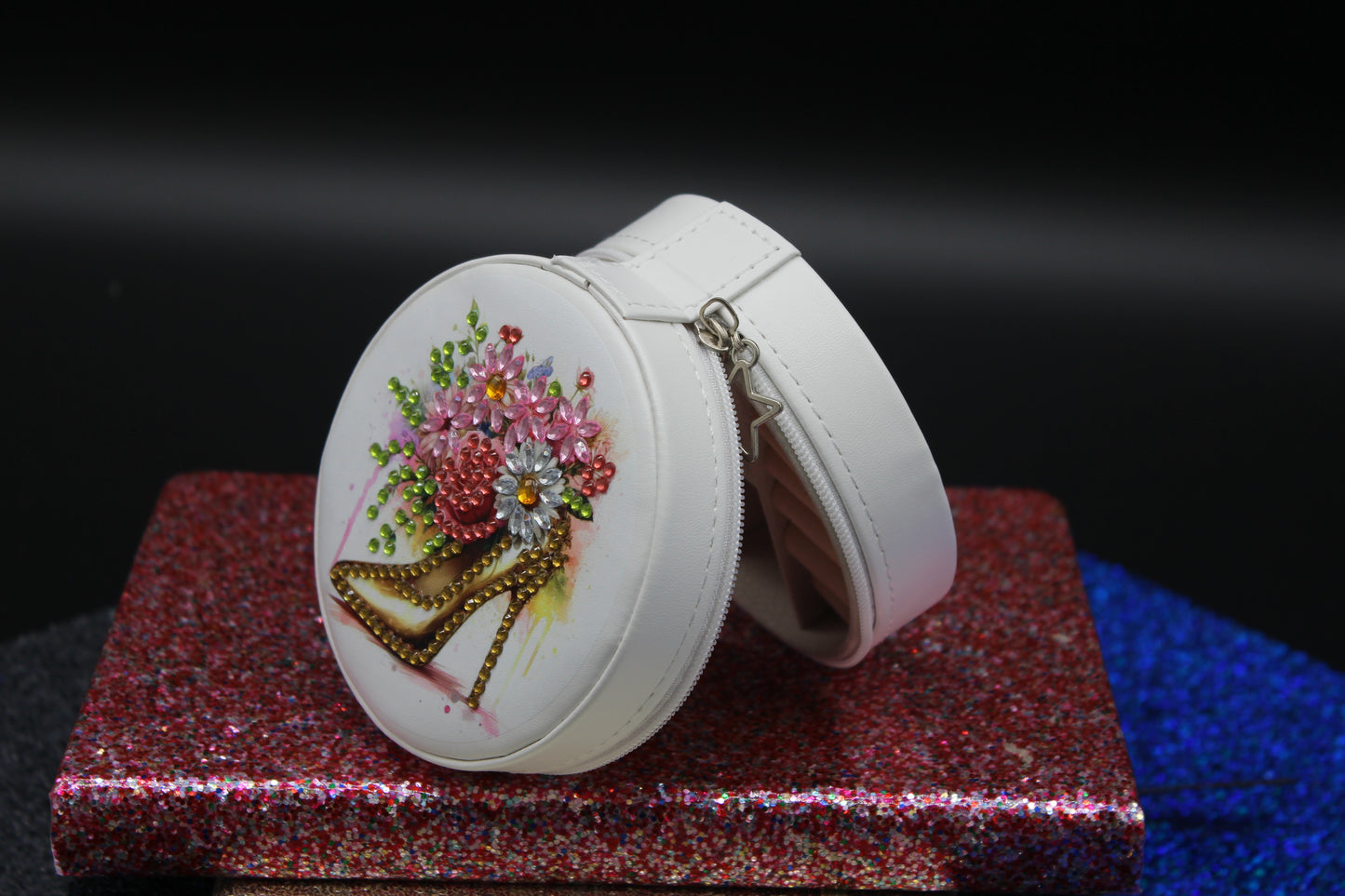 Diamond Art Round Jewelry Holder with a High Heel Shoe on it