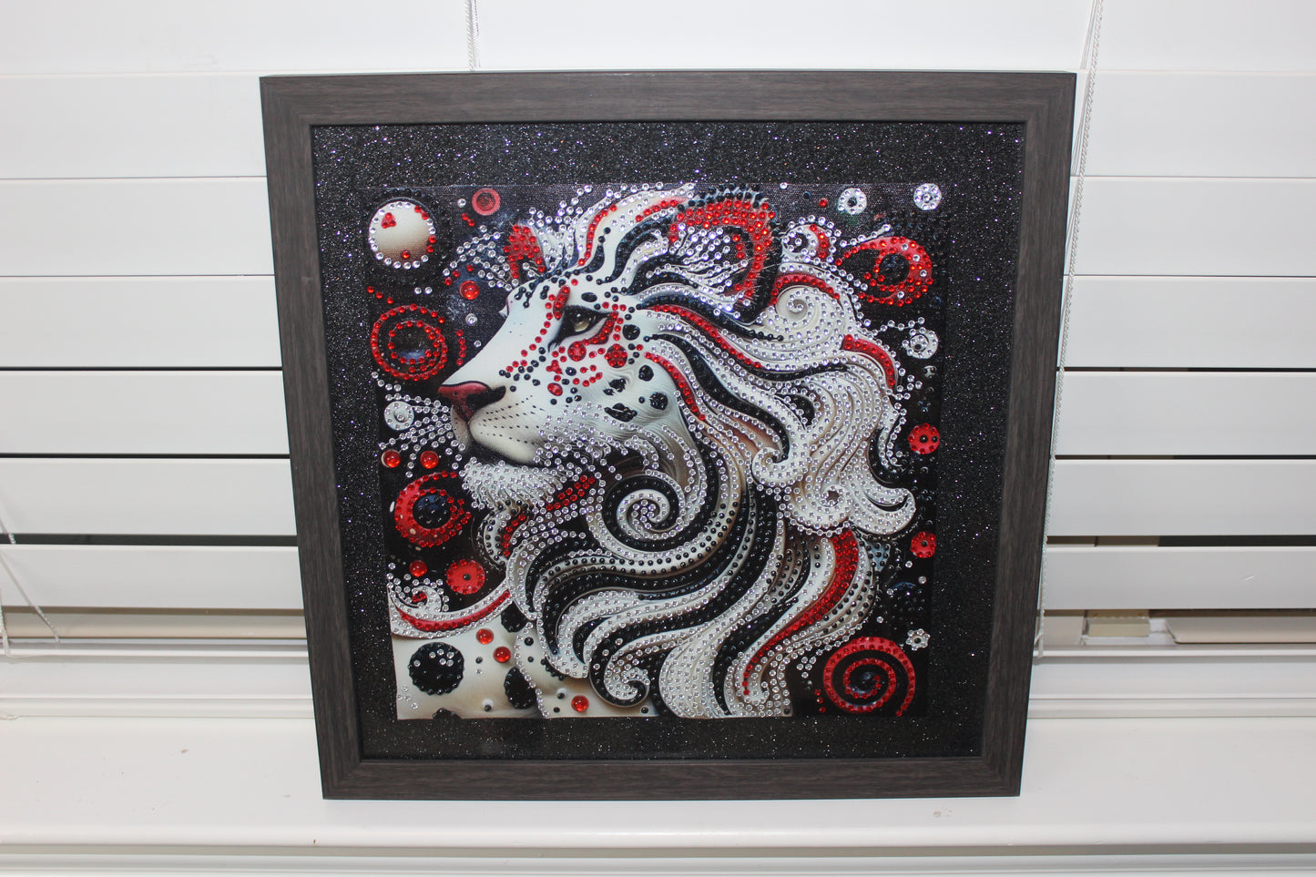 Gorgeous Diamond Art Picture of White Lion with Flowing Red and Silver Hair