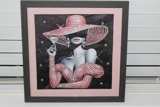 Diamond Art Picture of Gorgeous Pink Dress and Hat and Diamonds