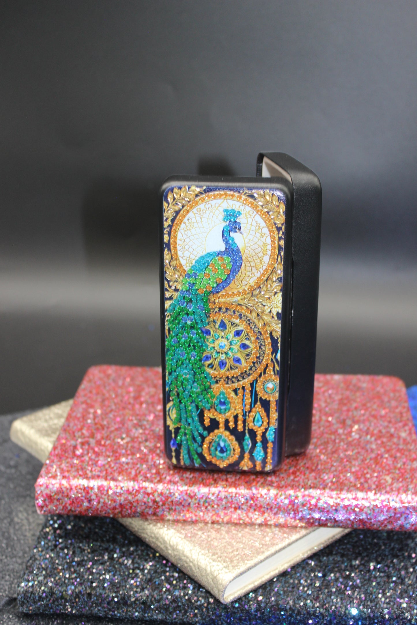 Diamond Art Multi Colored Peacock Eyeglass Case