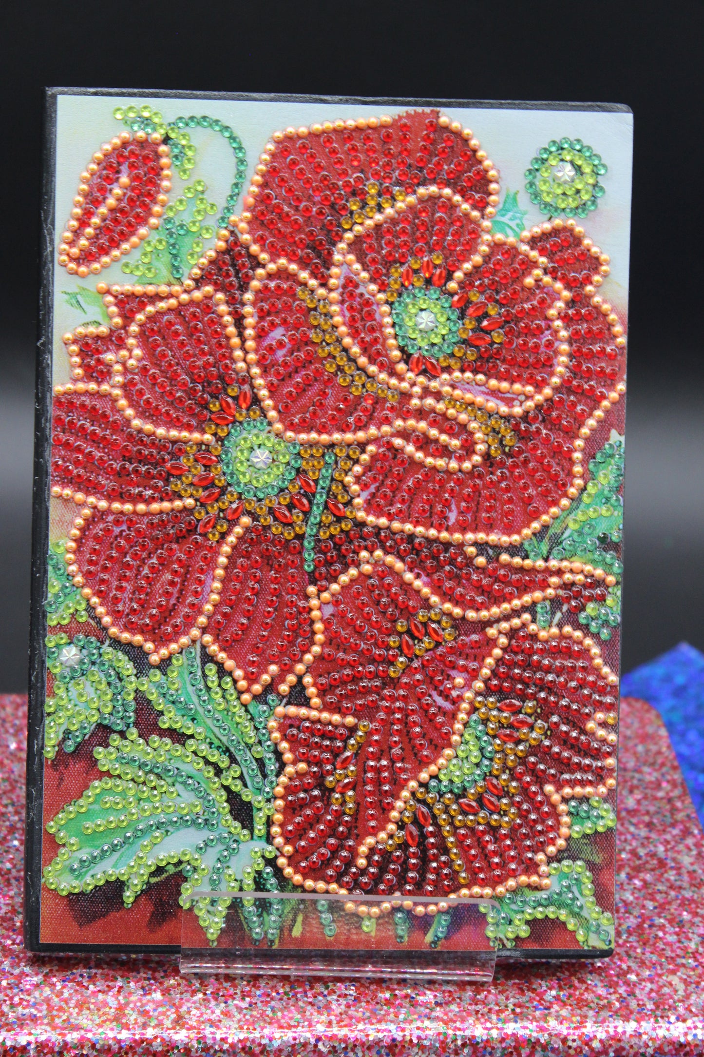 Diamond Art Journal with Large Red Flowers and Green Leaves