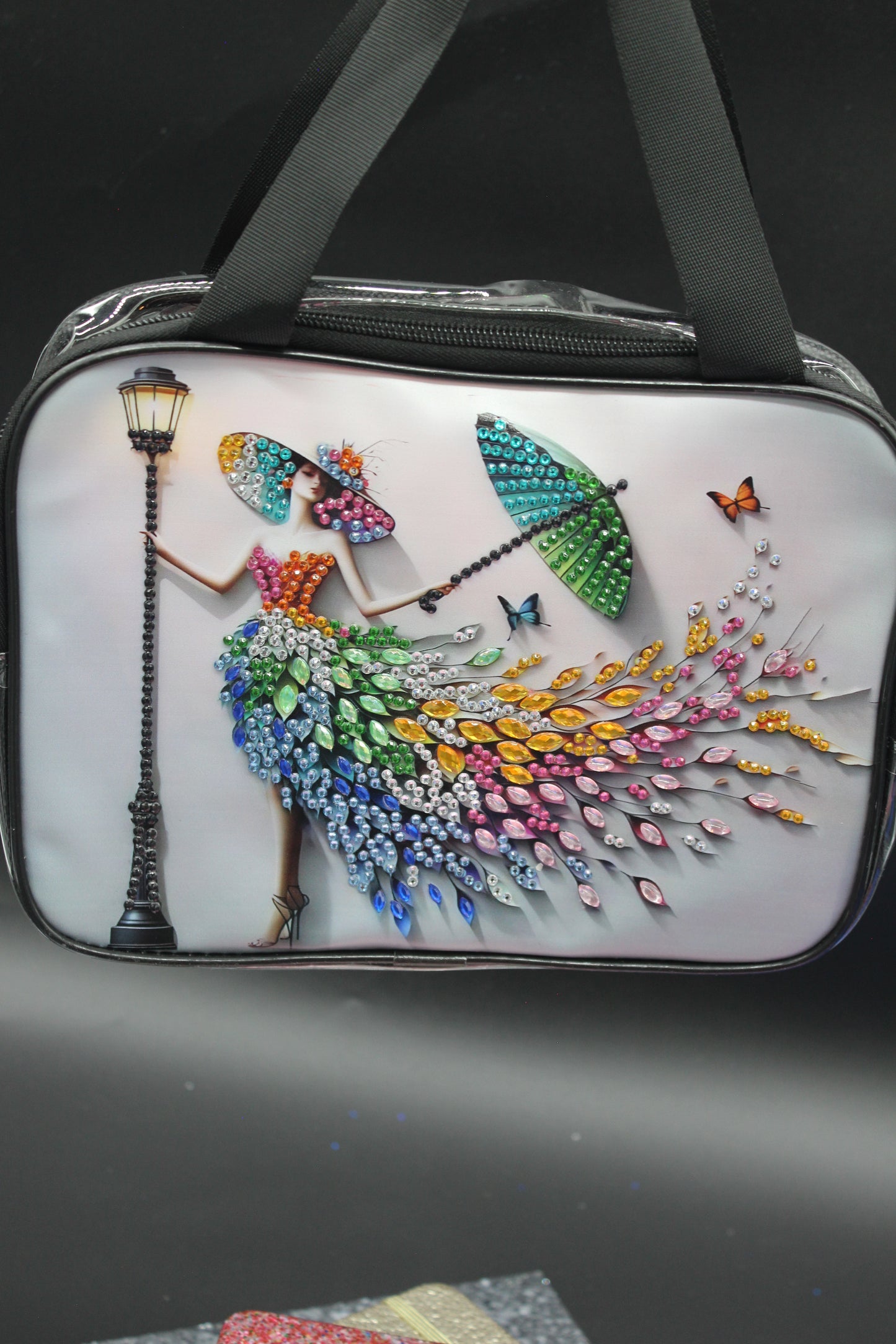 Clear Hand Tote Bag with Beautiful Lady with a Flowing Hat and Dress made out of Vibrant Colored Gems