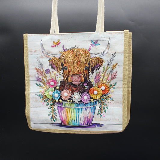 Canvas Bag with Vibrant Multi Color Flowers and a Miniature Cow in the Flower Pot