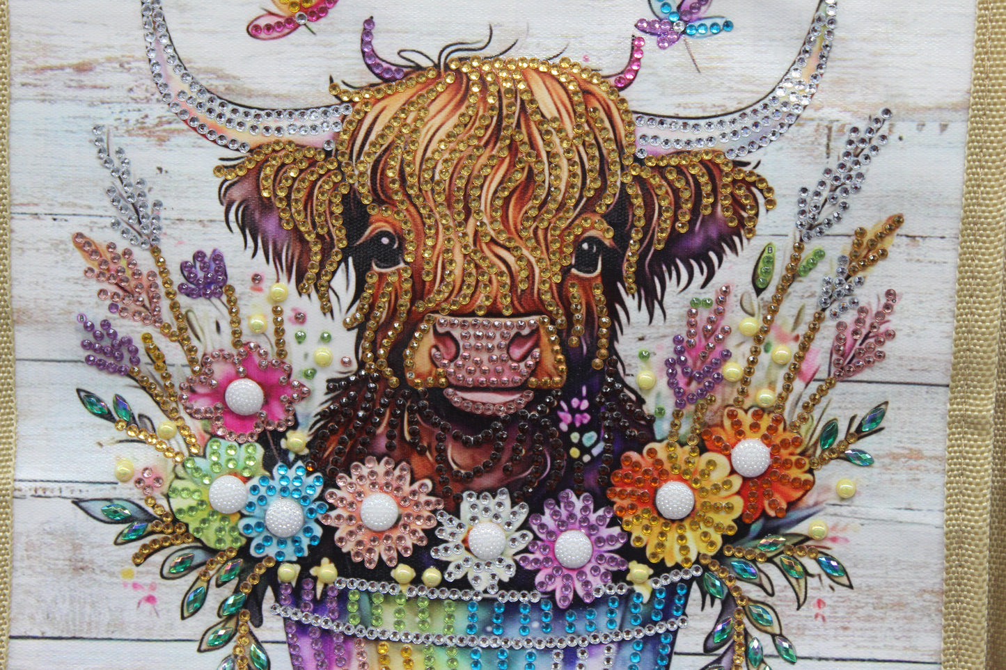 Canvas Bag with Vibrant Multi Color Flowers and a Miniature Cow in the Flower Pot