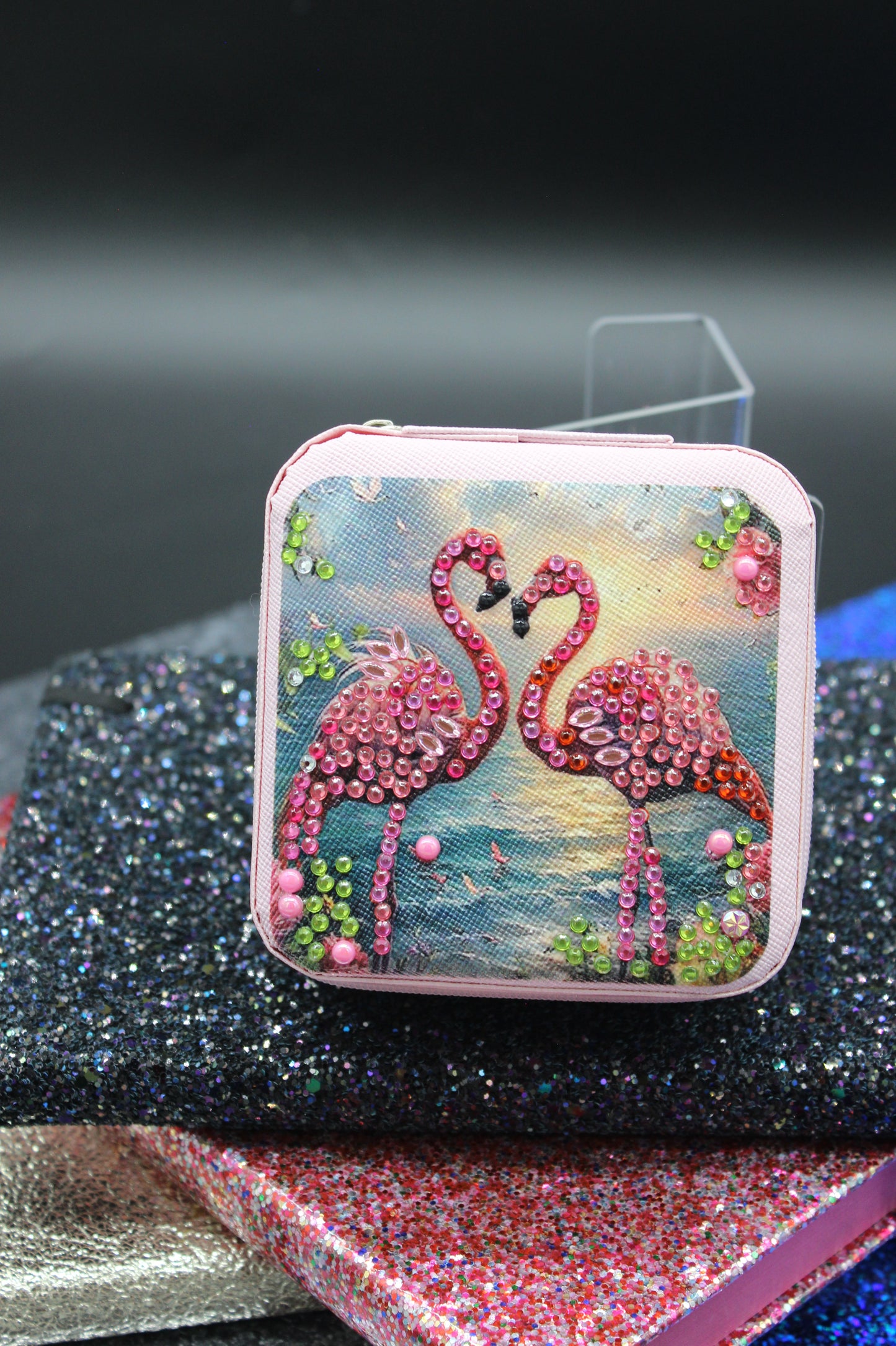 Portable Diamond Painting Jewelry Box featuring Two Pink Flamingos Facing Each Other