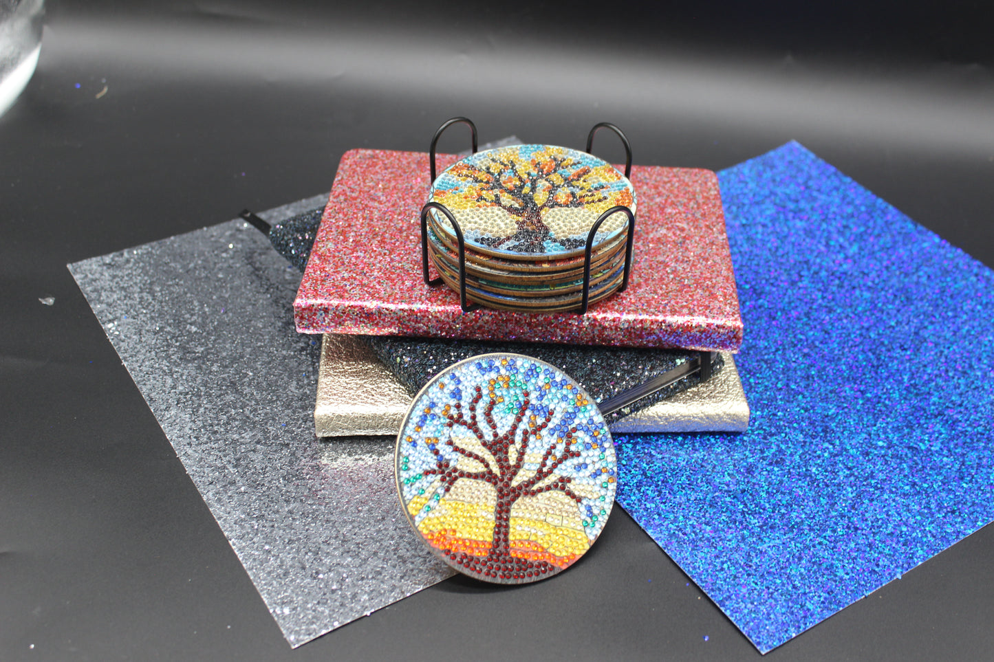 Great Colorful Tree of Life Coasters (8pcs) set with Metal Stand