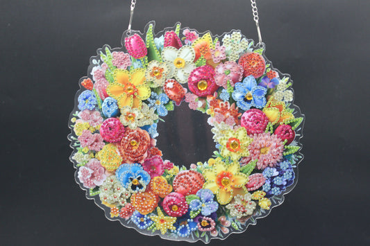 Beautifully Colored Hanging Diamond Art Suncatcher Round Wreath with Multi Colored Flowers